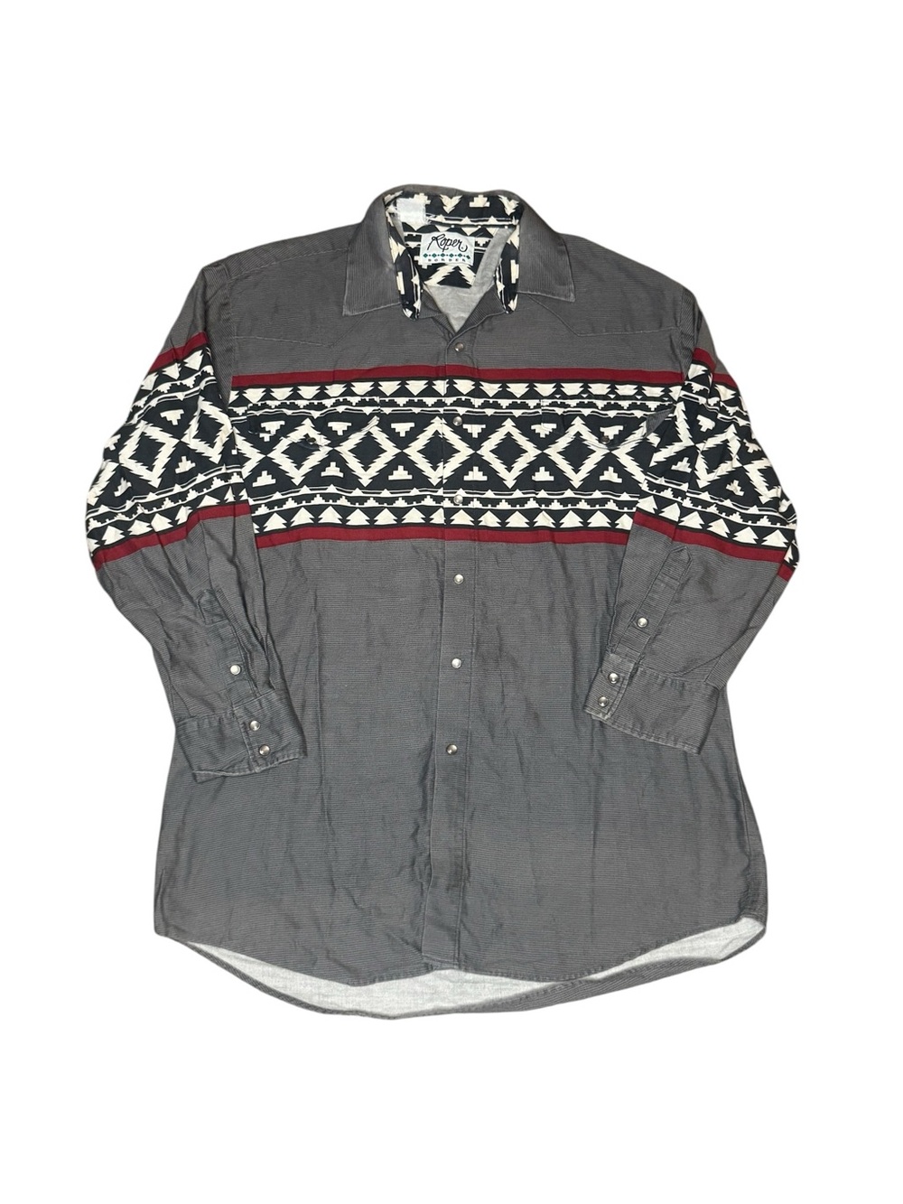 Vintage Roper Border Western Shirt Gray Aztec Geometric Print